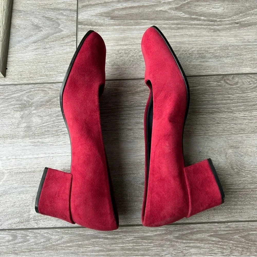 St. Michael Red Faux Suede Square Toe Block Heel Pumps - Picture 10 of 13
